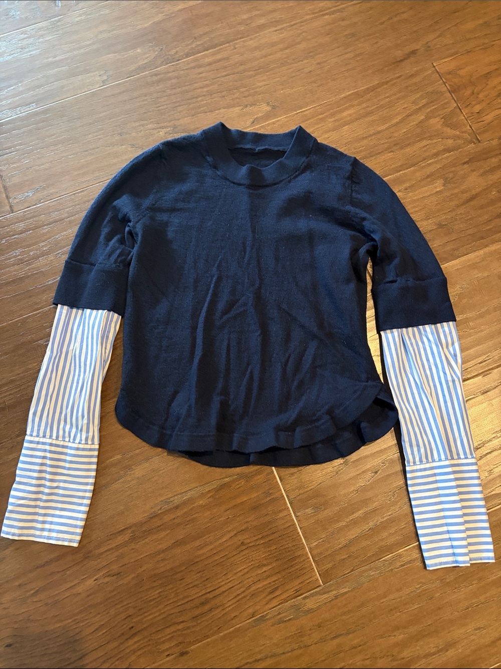 Veronica Beard Navy Knit Crewneck with Blue-White Striped Sleeve Details